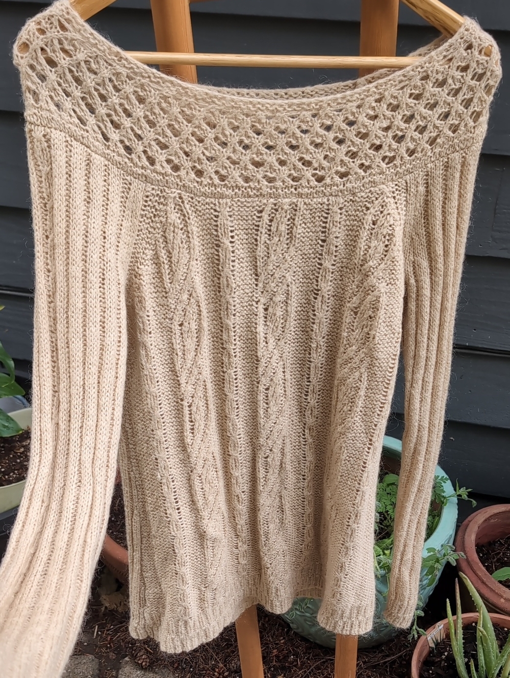 LOFT Mohair Vtg Cream Cable Knit Open Yoke Sweater